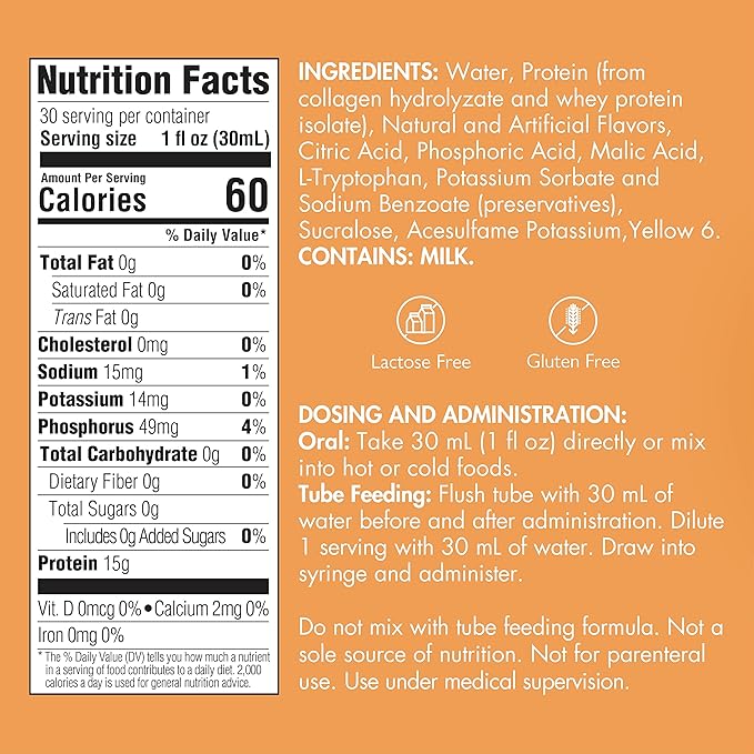 Liquid Collagen Peptides Type I, III 15 Grams Protein per Oz. |Prosource NoCarb Orange Crème 4 Bottles Pack Medtrition|