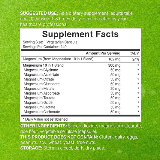 Magnesium Complex 500mg, 240 Veggie Capsules – 10-in-1 Glycinate, Citrate, Malate, Oxide, & More – 100% Chelated for Easy Absorption – Essential Mineral Supplement – Non-GMO