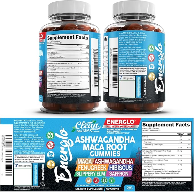 Ashwagandha Maca Root Gummies with Fenugreek Hibiscus Slippery Elm Saffron Extract & Beta Carotene | Peach Flavor Vegan Gummy Vitamins Adaptogen Cortisol Supplement Energlo by Clean Nutra (2)