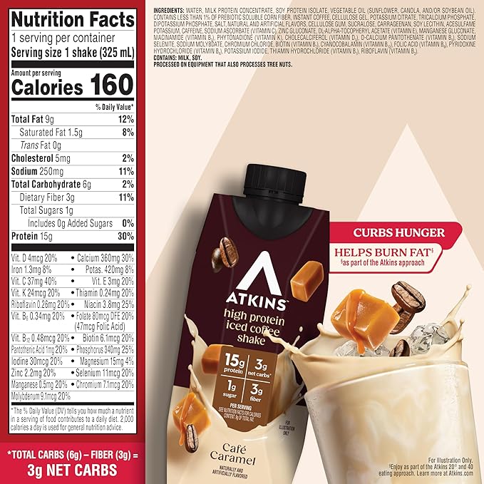 Atkins Café Caramel Iced Coffee Flavored Protein Shake, High Protein Shake, Low Glycemic, Low Carb and Low Sugar, Keto Friendly, Gluten Free, 12 Count