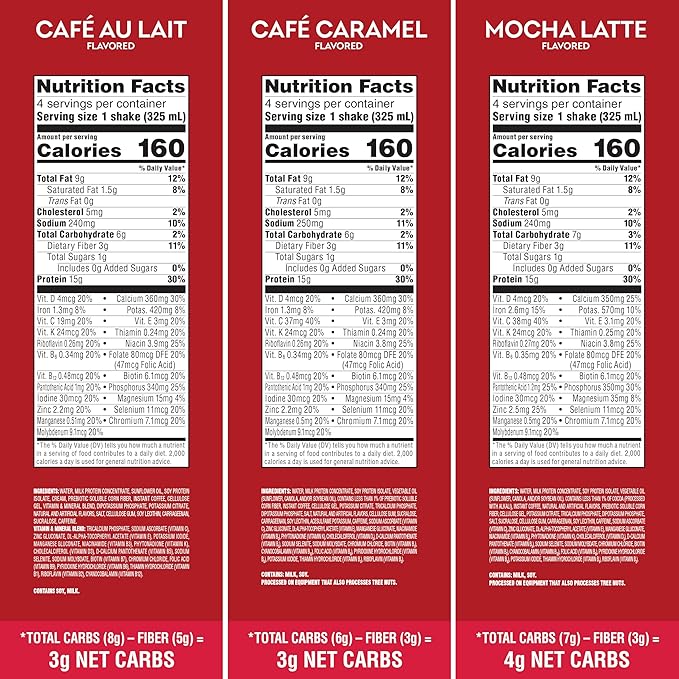 Atkins Coffee Lovers Protein Shake Variety Pack, Mocha Latte, Café Caramel and Café au Lait Flavored Protein Shakes, 15g Protein, 3g Fiber, GLP-1 Friendly, 12 Count