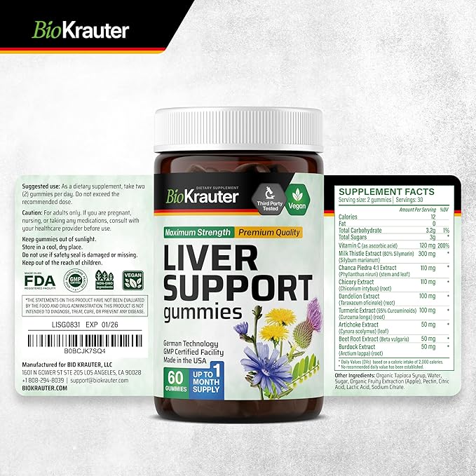 BIO KRAUTER® 9-in-1 Liver Detox with Vitamin C, Milk Thistle, Turmeric, Dandelion Root, Beet Root, Chanca Piedra for Liver Support - Vegan Liver Supplement, 60 Gummies, 30 Days of Supply - Non-GMO