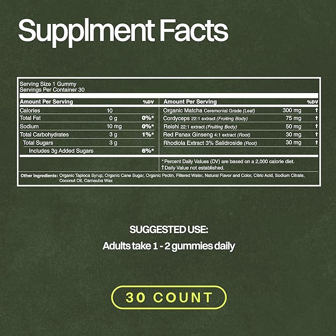 Organic Matcha & Mushroom Energy Gummies | Ceremonial Grade Matcha + Cordyceps, Reishi, Panax Ginseng & Rhodiola | Clean Sustained Energy, Focus & Stress Support | Vegan, Non-GMO