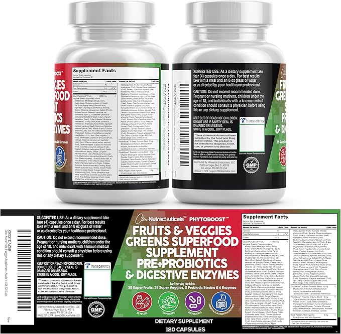 Clean Nutraceuticals Fruits and Veggies Supplement Reds & Green Superfood - Balance of Over 70 Fruit & Vegetable Supplements Capsules with Probiotics Prebiotics Digestive Enzymes - 120 Ct USA