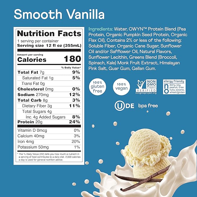 OWYN Only What You Need Smooth Vanilla Flavored Protein Shake, 20g Protein, 4g Sugar, 3g Fiber, Dairy Free, Plant Based Protein Drink 12 Count