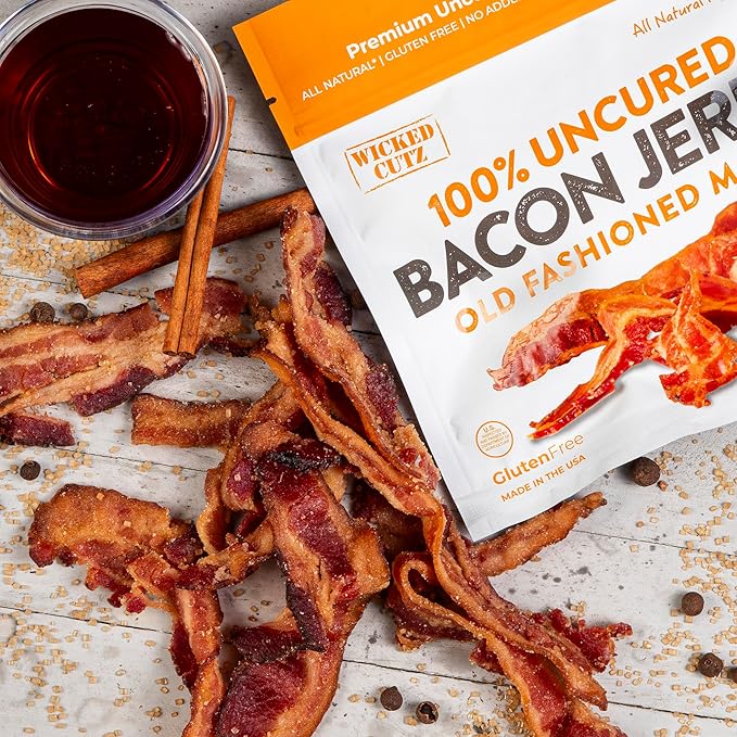 Old Fashioned Maple Bacon Jerky, Candied Jerky with 16g Protein Per Bag, Tender & Easy to Chew Fully Cooked Bacon, USA Made High Protein Carnivore Snacks (2 Bags)