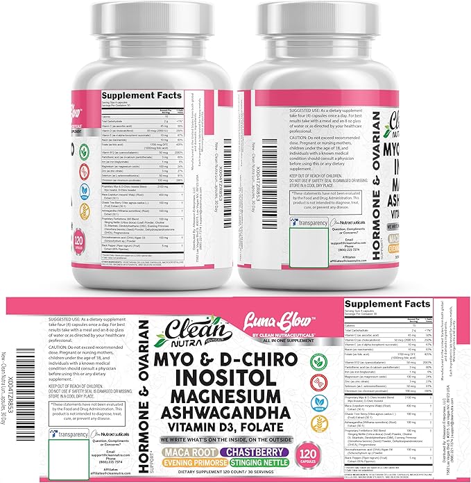 Myo Inositol D Chiro Inositol Supplement for Women - Hormone Balance with Magnesium Ashwagandha Vitamin D3 Folate Maca Root Chasteberry Evening Primrose | Ovarian Support Capsules 120 Count
