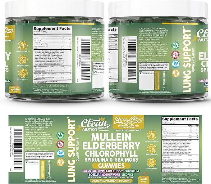 Clean Nutra Mullein Gummies for Lung Health Support with Elderberry Chlorophyll Spirulina Tart Cherry Sea Moss Vitamin C Lutein Marshmallow Root Licorice Root Superfood Greens Mucus Relief 60 Gummies