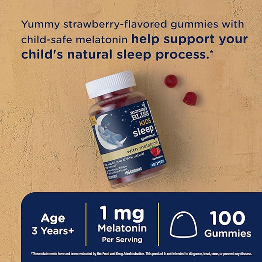 Mommy's Bliss Kids Sleep Melatonin Gummies, Non Habit-Forming with No Artificial Colors, Flavors or Gelatin - Age 3 Years+ - Strawberry Flavor - 100 Sleep Gummies,(Pack of 2)