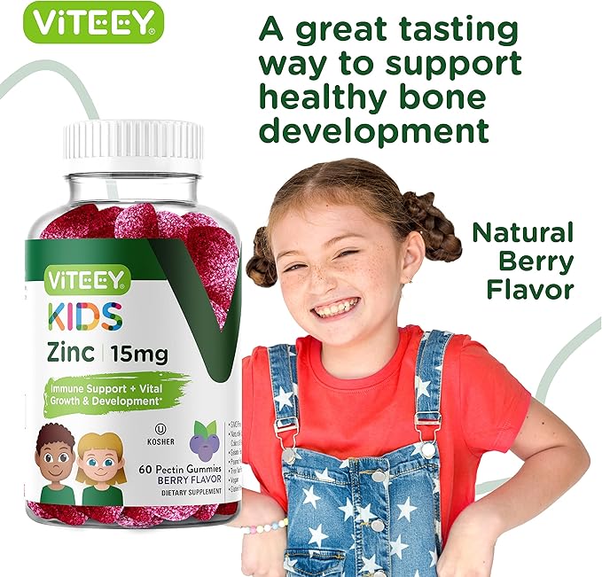 Viteey Zinc for Kids Gummies, 15mg - Immune Support - Powerful Natural Antioxidant, Kids Zinc Vitamin Supplement - Vegan, Gelatin Free, Gluten Free - Tasty Chewable Berry Flavor Gummy