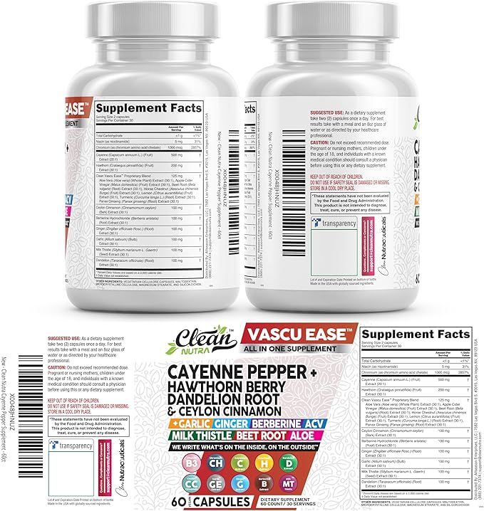 Clean Nutra Cayenne Pepper Capsules Supplement with Hawthorn Berry, Dandelion Root, Ceylon Cinnamon, Garlic, Ginger, Berberine, Apple Cider Vinegar, Milk Thistle, Beet Root, Aloe Vera Pills & More
