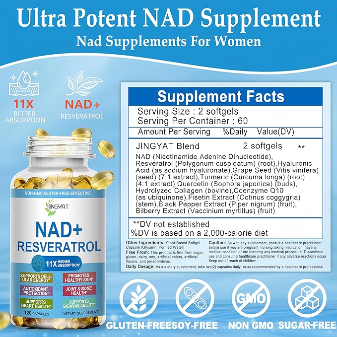 11-in-1 NAD Supplement with Resveratrol, CoQ10, Quercetin, Collagen, Grape Seed for Cellular Energy, Mental Focus & Antioxidant Support - NAD Supplement for Women & Men, 120 Soft Capsules