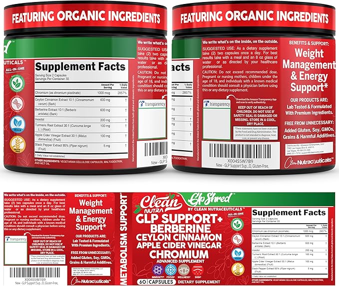 GLP1 Supplement Berberine Ceylon Cinnamon Apple Cider Vinegar Chromium Turmeric PCOS Supplements Immunity & Metabolism Support 60 Vegan Capsules by Clean Nutra