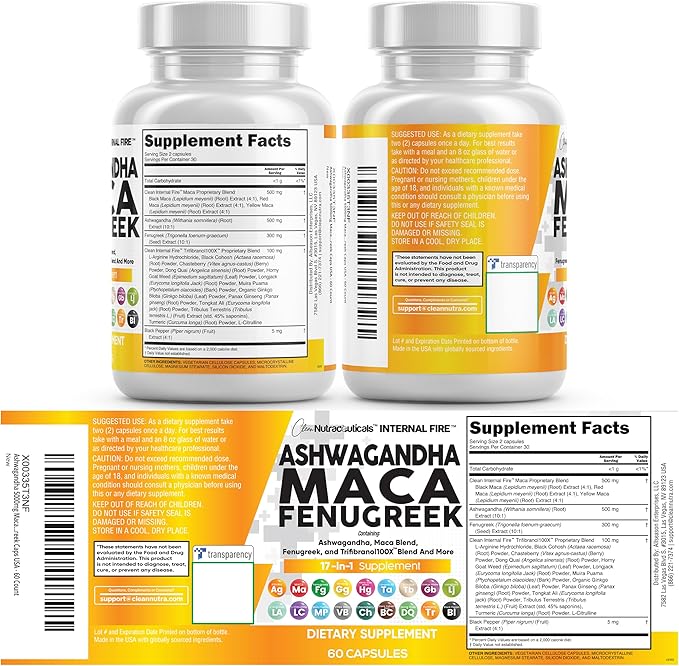 Clean Nutraceuticals Ashwagandha Maca Root Fenugreek Supplement with Tongkat Ali Ginseng - Assists with Stress, Mood & Thyroid - Ashwagandha Capsules Fenugreek Caps - 1 Pack