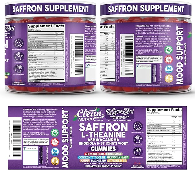 AuraZen Mood Support Saffron Gummies L-Theanine Ashwagandha Rhodiola St John's Wort Lions Mane GABA Vitamin D Magnesium Supplement | Calm Vegan Plant-Based Herbal Gummy By Clean Nutra