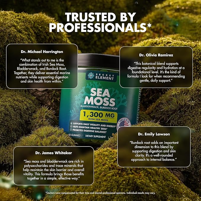 Secret Element Sea Moss Gummies for Women and Men, Irish Sea Moss with Bladderwrack & Burdock Root, Vegan Sea Moss Gummies, Sugar Free, Non-GMO, Apple Flavor, 60 Gummies