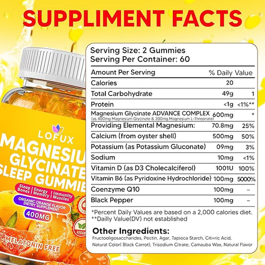 Lofux Magnesium Glycinate Gummies 400mg, Sugar Free Magnesium Gummies for Adults Women, Men, Chewable Supplement Gummy with L-Threonate, Vitamin D, B6, CoQ10 - for Calm, Sleep, Body Relaxation, 60 Ct
