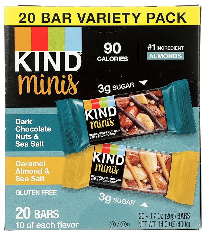 KIND Mini Snack Bars Variety Pack, Gluten Free, Low Sugar, Low Calorie Snacks, Dark Chocolate Nuts & Sea Salt, Caramel Almond & Sea Salt, 20 Count