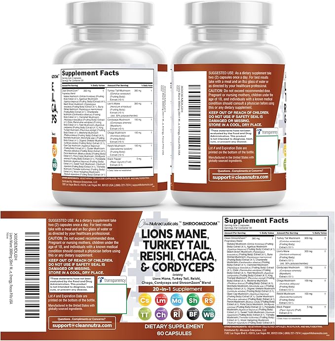 Clean Nutraceuticals Lions Mane 20in1 Mushroom Supplement with Turkey Tail Reishi Cordyceps Chaga Maitake Meshima Poria Cocos Shiitake Oyster Porcini Enoki - 2Pack