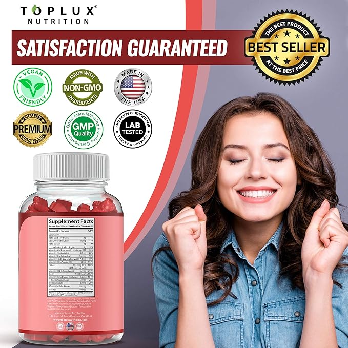 Hair Vitamins Gummies Supplement – Faster Hair Growth Gummy 5000mcg Biotin, Folic Acid, Vitamin C & E, Support Stronger & Thicker Hair, Skin, Nails, Non-GMO, for Men Women, 60 Berry Flavored Gummies
