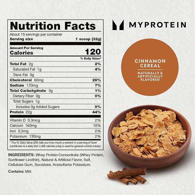 Myprotein Impact Whey Protein Powder, 1.1 Lbs (15 Servings) Cinnamon Cereal, 22g Protein & 5g BCAA Per Serving, Protein Shake for Superior Performance, Muscle Strength & Recovery, Gluten Free