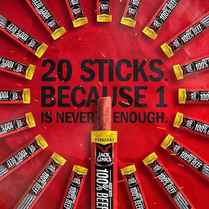 Jack Link's Beef Sticks,Teriyaki - Protein Snack,Meat Stick with 5g of Protein,Beef Jerky Meat Snack Sticks Made with 100%-Beef,Keto Friendly,Individually Wrapped - 0.92 Oz.,(Pack of 40)