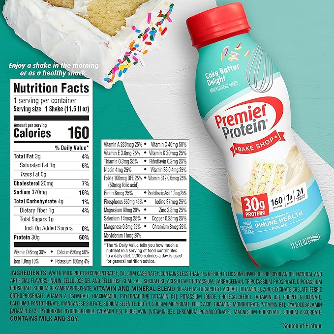 Premier Protein Shake,Cake Batter,30g Protein,No Added Sugar,24 Vitamins & Minerals to Support Immune Health,11.5 fl oz (Packaging May Vary),(Pack of 24)