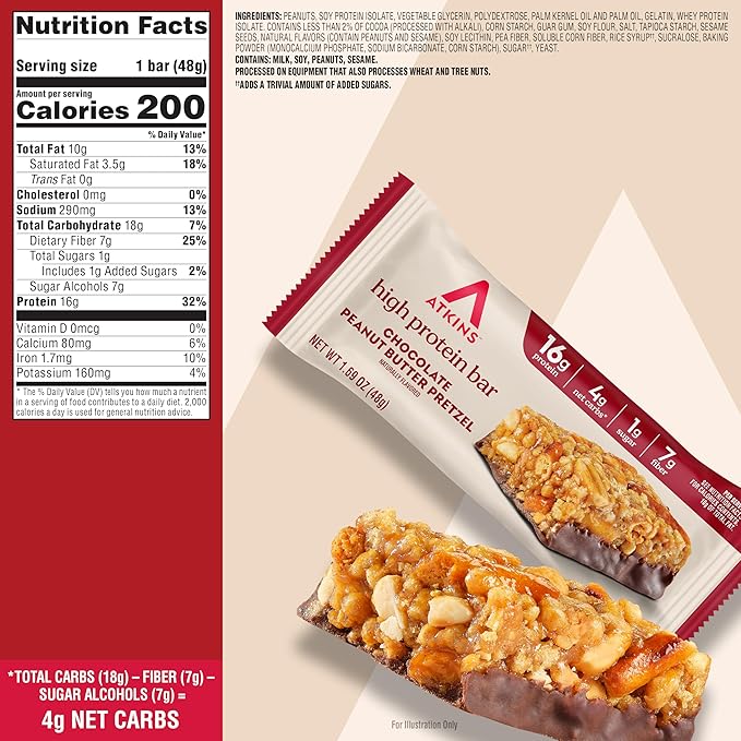 Atkins Chocolate Peanut Butter Pretzel High Protein Bar, High Fiber, 16g Protein, 1g Sugar, 4g Net Carbs, Keto Friendly, 12 Count