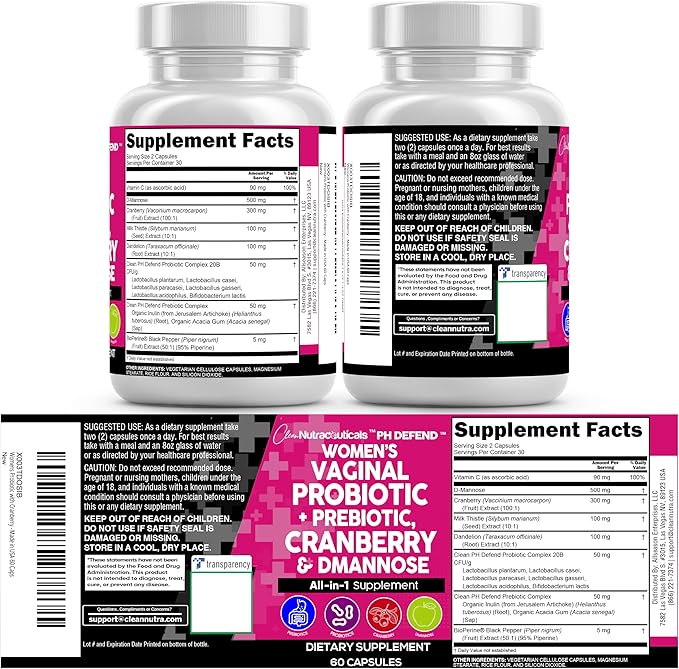 Clean Nutraceuticals Vaginal Probiotics for Women + Prebiotics 20 Billion Cranberry Pills w D-Mannose 500 mg for Urinary Tract Health pH Balance - for Vaginal Health Supplements Pills - 3Pack