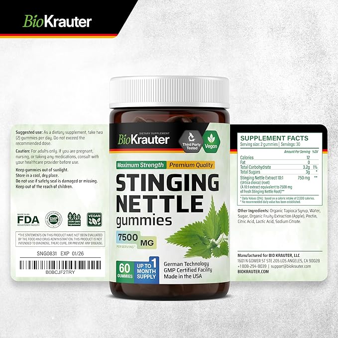 BIO KRAUTER® Stinging Nettle for Seasonal Support - Stinging Nettle Root Supplement 750 mg for Urinary Tract Support & Daily Wellness - 60 Gummies, 30-Day Supply, Non-GMO, Apple Flavor