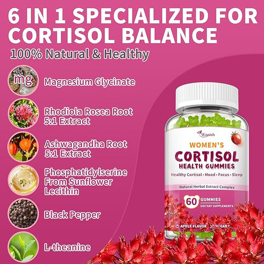 Wanish Cortisol Gummies for Women,Cortisol Supplements for Women-Relaxation and Mood,Cortisol Reducer with Ashwagandha, Rhodiola Rosea, etc. Cortisol Manager Gummies,Vegan,Apple Flavor,60 Count