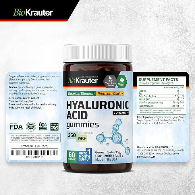 BIO KRAUTER® Hyaluronic Acid with Vitamin С for Skin Hydration Support - Vegan Hyaluronic Acid Supplements 250 mg Strength for Beauty & Collagen Support - 60 Gummies, Non-GMO, Banana Flavor