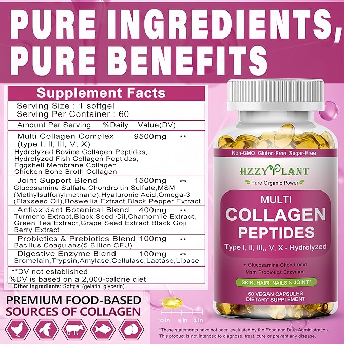 Multi Collagen Peptides Softgel - Type I, II, III, V, X - Hydrolyzed Collagen Peptides with Biotin Vitamin C Hyaluronic Acid for Women & Men, Supports Skin Hair Nail & Joint, Non-GMO, 60 Servings