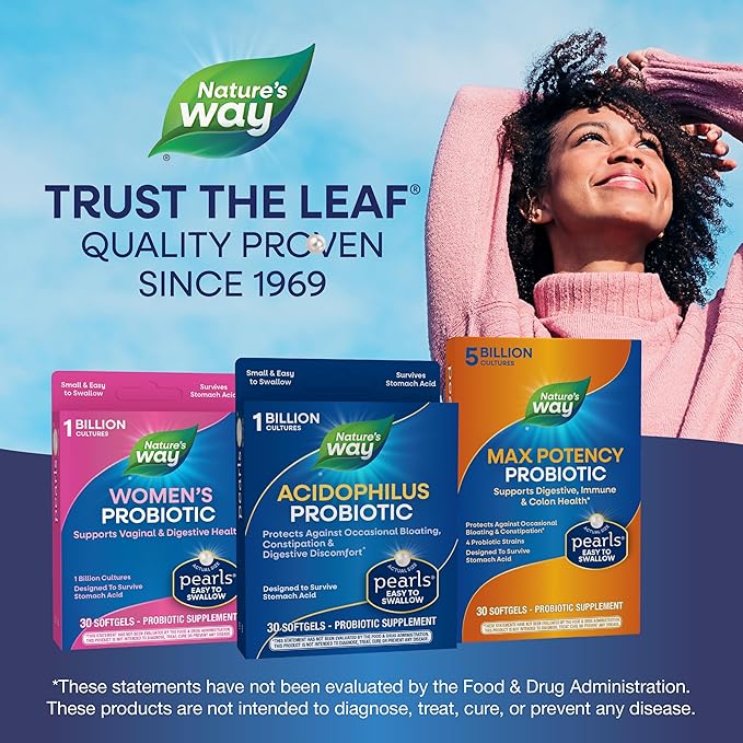 Nature's Way Acidophilus Probiotic Pearls,Supports Digestive Balance & Gut Health,Reduce Occasional Constipation and Bloating*,1 Billion Cultures,30 Softgels,(Pack of 2)