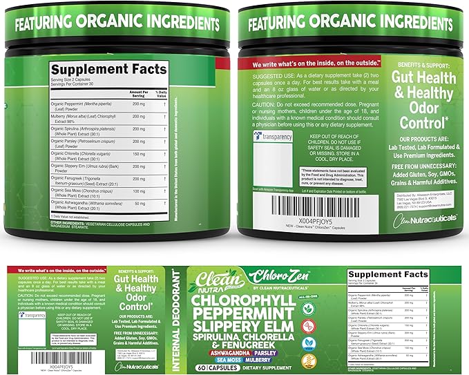 Clean Nutra Chlorophyll Capsules + Peppermint Slippery Elm Spirulina Chlorella Fenugreek Ashwagandha Sea Moss Supplement – Ph Balance for Women Detox Internal Deodorant Supplement + Prebiotics 60 Ct