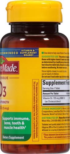 Nature Made Vitamin D3 5000 IU (125 mcg) Extra Strength, Vitamin D Supplement for Immune Support, 70 Sugar Free Fast Dissolve Tablets, 70 Day Supply, (Pack of 2)