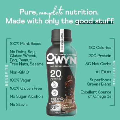 OWYN 100% Vegan Plant-Based Protein Shake, Cold Brew Coffee, 12 Pack, with 20g Plant Protein, Omega-3, Prebiotic supplements, Superfoods Greens Blend, Gluten-Free, Soy-Free, Non-GMO