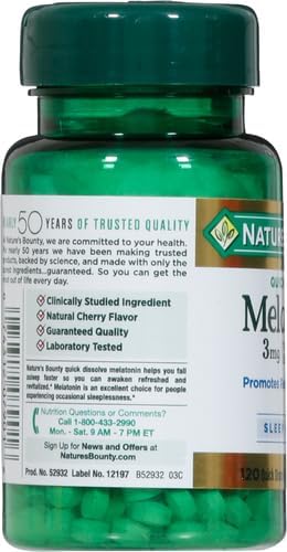 Nature's Bounty Melatonin, Promotes Relaxation & Sleep, 100% Drug Free Sleep Aid, 3 mg, 120 Quick Dissolve Tablets (Pack of 3)