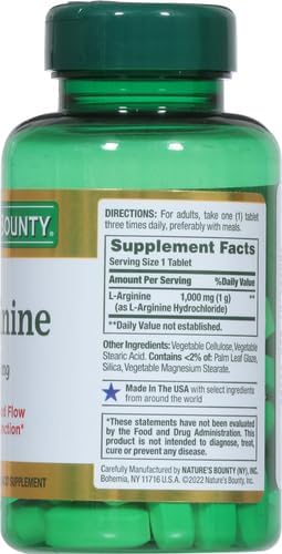 Nature's Bounty L-Arginine 1000mg for Supporting Blood Flow and Vascular Function – Non-GMO, Gluten Free, 50 Tablets (Pack of 3)