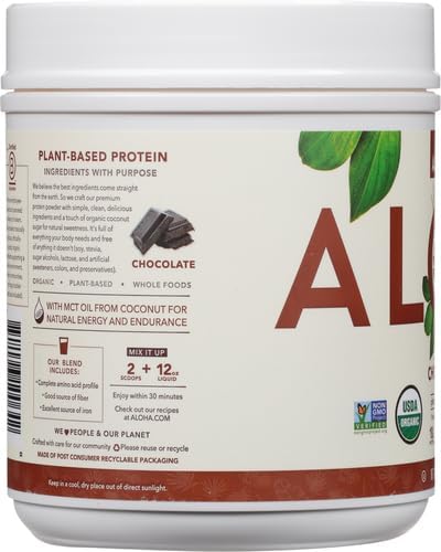 ALOHA Organic Plant Based Protein Powder, Stevia Free, Chocolate, 19.6 oz, 15 Servings