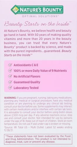 Nature's Bounty Optimal Solutions Hair, Skin & Nails Formula, with 3,000 mcg Biotin, 20 Total Servings, 60 Coated Caplets (Pack of 2)