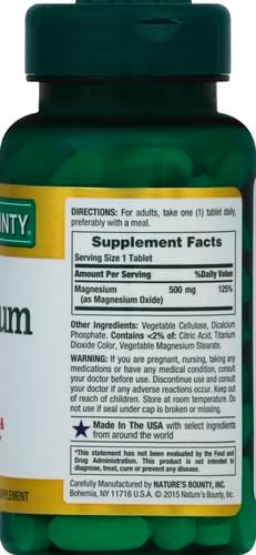 Nature's Bounty Magnesium, Mineral Supplement, Supports Bone and Muscle Health, 500 mg, Coated Tablets, 100 Count (Pack of 3)