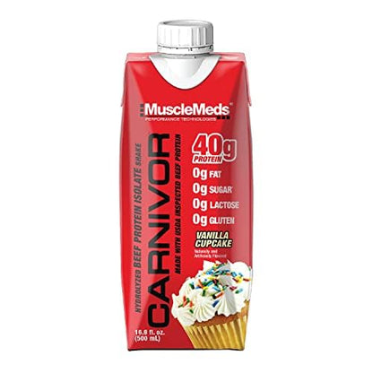 MuscleMeds Carnivor RTD, Ready to Drink Protein, Lactose Free, Sugar Free, 40g Isolate Protein, Muscle Building, Recovery, Vanilla Cupcake, 16.9 Fl Oz, Liquid (Pack of 12)