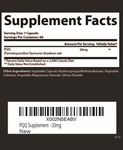 Research Labs Ultra High Purity 20mg PQQ Capsules, 120 Capsules. Pure, Concentrated High Bioavailability. Pyrroloquinoline Quinone Supplement ATP Energy, Heart, Cognitive Support Nootropic