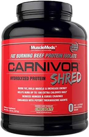 MuscleMeds Carnivor Shred Fat Burning Hydrolized Beef Protein Isolate, 0 Lactose, 0 Sugar, 0 Fat, Chocolate, 4.35 lbs