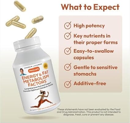 ANDREW LESSMAN Energy and Fat Metabolism Factors 180 Capsules - Promotes Optimum Fat Burning and Energy Metabolism, with Carnitine, Green Tea, Guarana, Ginseng, B-Complex. Easy to Swallow Capsules