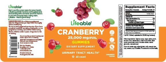 Lifeable Cranberry Gummies for Women | Great Tasting Cranberry Supplement | for Urinary Tract Health, Bladder & Kidney Support | Vegan and Non GMO Cranberries | 60 Count