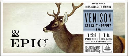 EPIC Bars, Venison Sea Salt and Pepper Bar, Keto Friendly, Whole30 Approved, Gluten Free, 12 Count, 15.6 oz