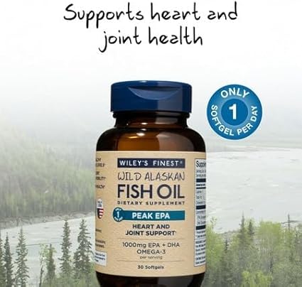 Wiley's Finest Wild Alaskan Fish Oil Peak EPA - Triple Strength Peak EPA & DHA Supplement - 1000mg Fish Oil - Omega-3s for Joint Health Support - 30 Softgels (30 Servings)
