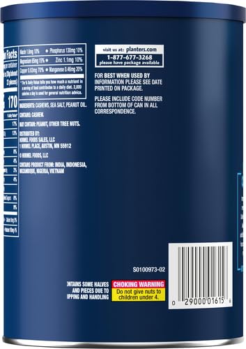 PLANTERS Deluxe Salted Whole Cashews,Party Snacks,Plant-Based Protein,Quick Snack for Adults,After School Snack,Roasted Cashew Flavored with Sea Salt,Bulk Nuts,Kosher,1 lb 2.25oz Canister,(Pack of 4)